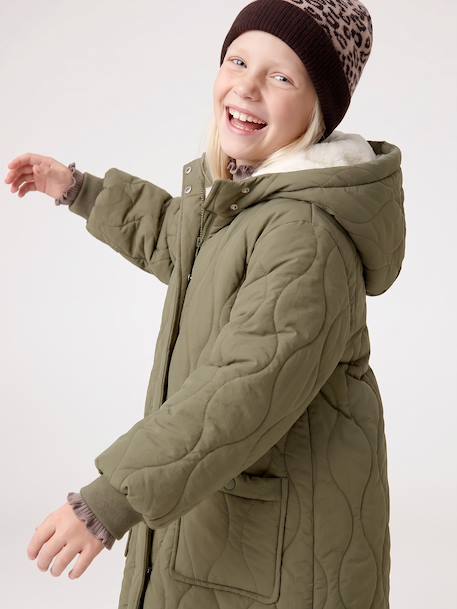 Long Lightweight Jacket with Hood & Faux Fur Lining, for Girls black+khaki - vertbaudet enfant 