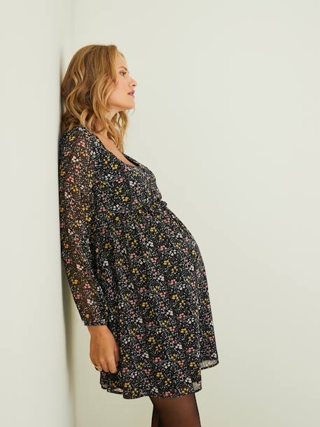 Printed Dress in Crepe for Maternity Black/Print - vertbaudet enfant 
