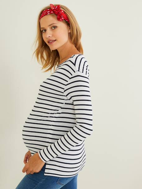 T-shirt marinière de grossesse et d'allaitement Blanc clair rayé marine+Blanc rayé rouge - vertbaudet enfant 