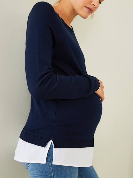 Dual Fabric Jumper, Maternity & Nursing Dark Blue - vertbaudet enfant 