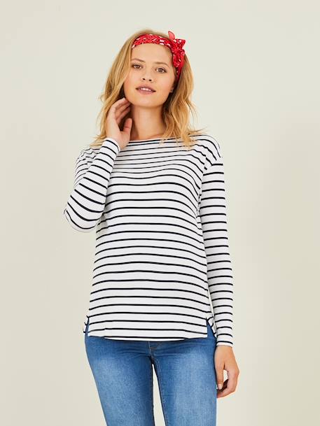 T-shirt marinière de grossesse et d'allaitement Blanc clair rayé marine+Blanc rayé rouge - vertbaudet enfant 