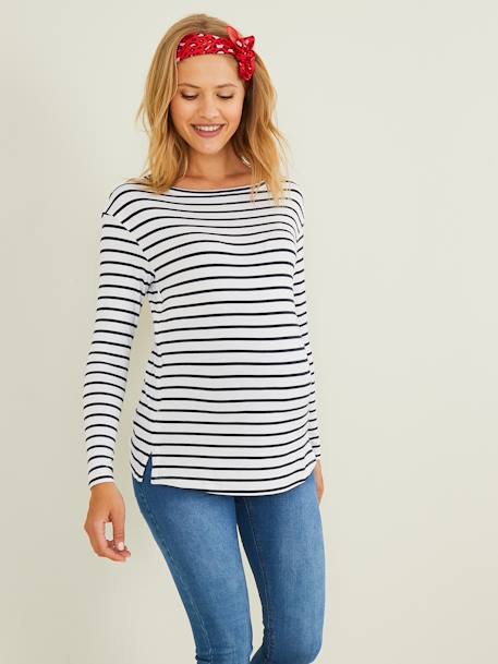 T-shirt marinière de grossesse et d'allaitement Blanc clair rayé marine+Blanc rayé rouge - vertbaudet enfant 