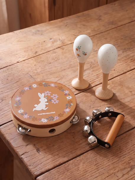 Set 3 instruments : maracas, tambourin, grelots en bois FSC® rose+vert - vertbaudet enfant 