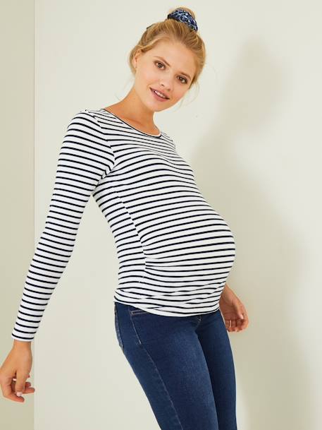 Long-Sleeved Maternity Top navy blue+White Stripes - vertbaudet enfant 