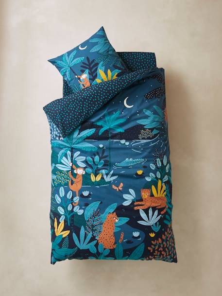 Children's Duvet Cover + Pillowcase Set, JUNGLE NIGHT Dark Blue - vertbaudet enfant 