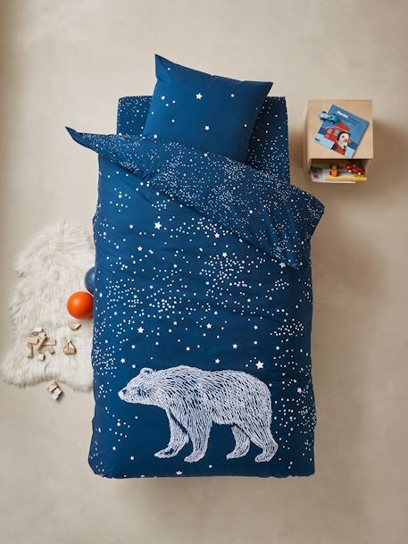 Duvet Cover + Pillowcase Set for Children, Glow-in-the-Dark Details, POLAR BEAR Dark Blue - vertbaudet enfant 