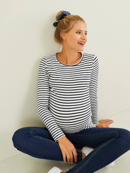 Long-Sleeved Maternity Top navy blue+White Stripes - vertbaudet enfant 