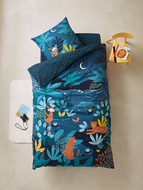 Children's Duvet Cover + Pillowcase Set, JUNGLE NIGHT Dark Blue - vertbaudet enfant 