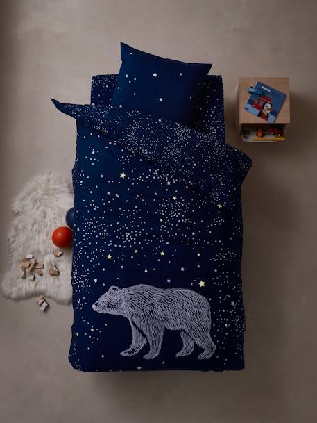 Parure housse de couette enfant détails phosphorescents et taie d'oreiller OURS POLAIRE bleu foncé - vertbaudet enfant 