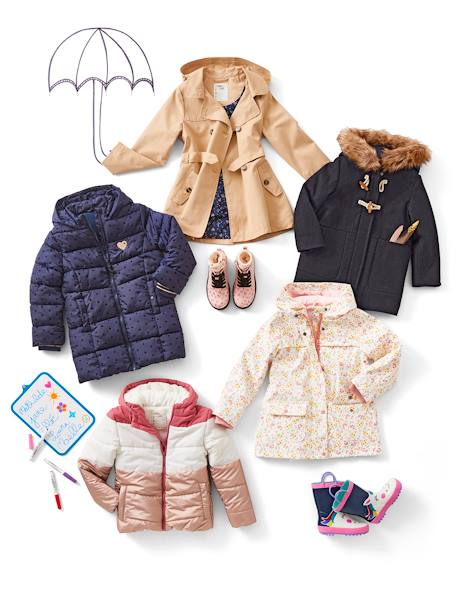 Hooded Duffel Coat with Toggles, in Woollen Fabric, for Girls Dark Blue+RED DARK SOLID WITH DESIGN - vertbaudet enfant 