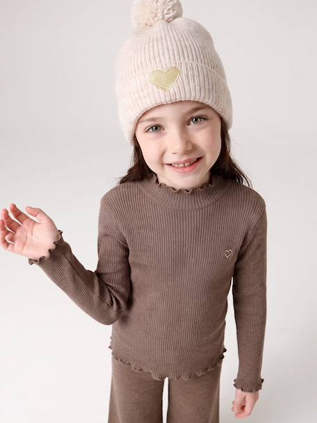 'Heart' Beanie + Snood + Gloves/Mittens Set for Girls ecru+navy blue+rosy - vertbaudet enfant 