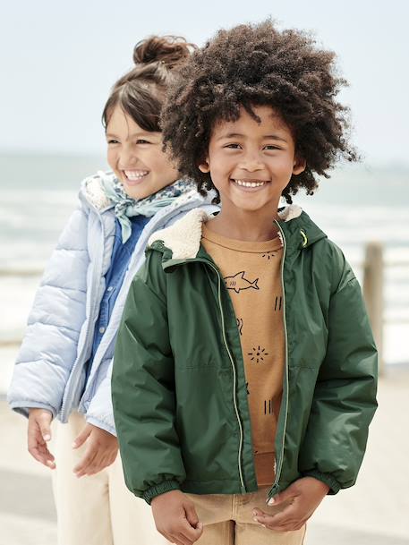 Windcheater with Sherpa-Lined Hood for Boys caramel+khaki+navy blue+olive - vertbaudet enfant 