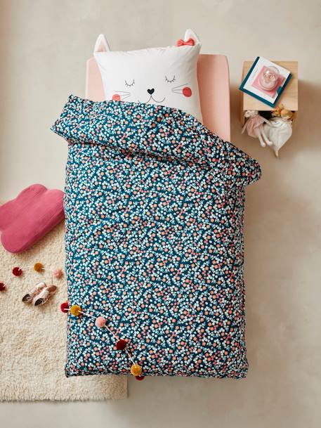 Duvet Cover + Pillowcase Set for Children, Chat Waou Theme Dark Blue - vertbaudet enfant 
