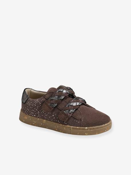 Touch-Fastening Leather Trainers for Girls, Designed for Autonomy Brown/Print - vertbaudet enfant 