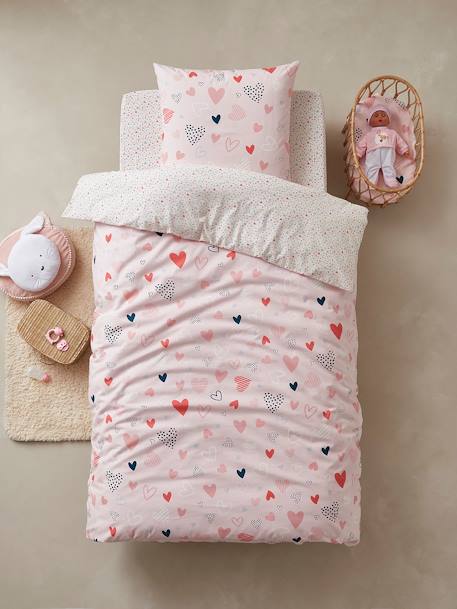 Children's Duvet Cover + Pillowcase Set, Happy Hearts Theme, Basics Light Pink/Print - vertbaudet enfant 