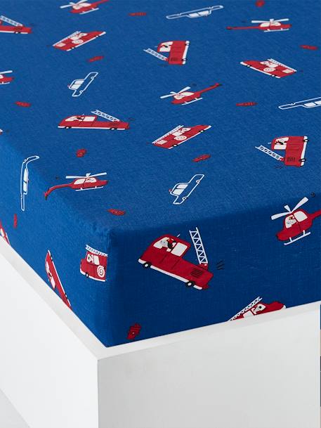 Fitted Sheet for Children, 'Petit Pompier' Theme Blue/Print - vertbaudet enfant 