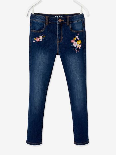 WIDE Hip, MorphologiK Embroidered Slim Leg Waterless Jeans, for Girls Dark Blue - vertbaudet enfant 