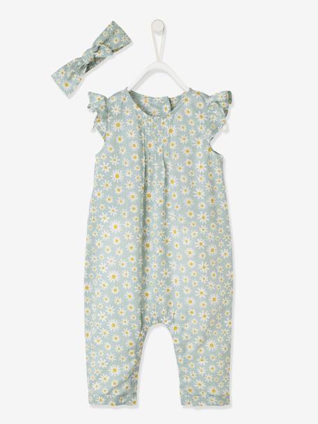Ensemble bébé fille combinaison + bandeau imprimés rose imprimé+rose pâle+rose poudré+vert céladon imprimé - vertbaudet enfant 