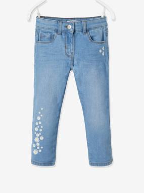 Girls-Cropped Denim Trousers with Embroidered Flowers, for Girls