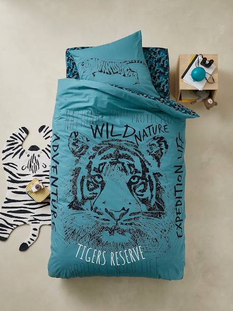 Children's Duvet Cover + Pillowcase Set, TIGER Theme Blue - vertbaudet enfant 