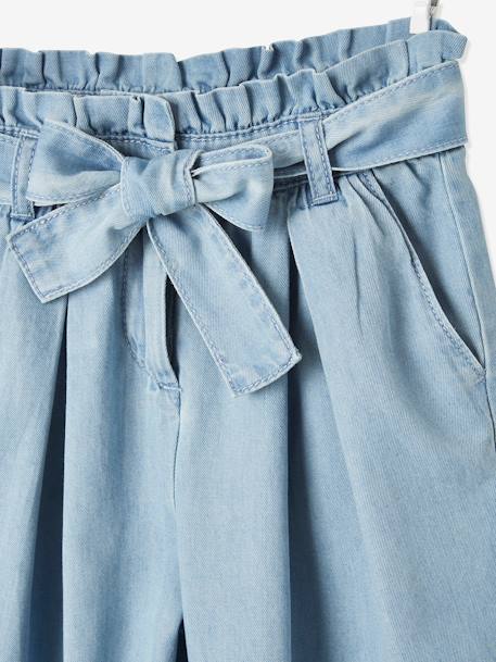 Wide, Cropped Paperbag-Type Trousers in Lightweight Denim, for Girls Light Denim Blue - vertbaudet enfant 