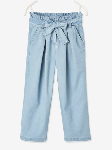 Wide, Cropped Paperbag-Type Trousers in Lightweight Denim, for Girls Light Denim Blue - vertbaudet enfant 
