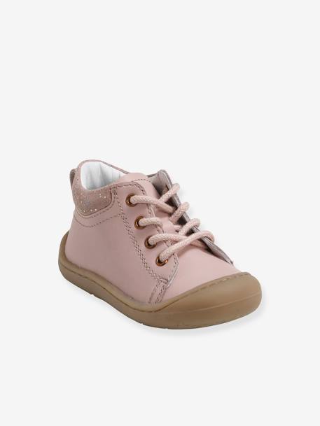 Soft Leather Ankle Boots for Baby Girls, Designed for Crawling Light Pink/Print - vertbaudet enfant 