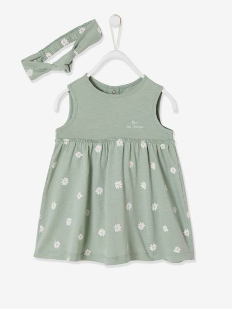 Robe bébé naissance et bandeau assorti beige+rose poudré+tilleul imprimé - vertbaudet enfant 