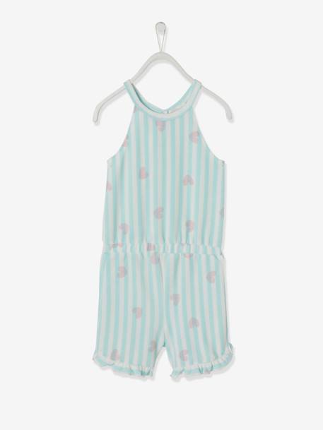 French Terry Jumpsuit with Hearts & Stripes, for Girls Light Green Stripes - vertbaudet enfant 