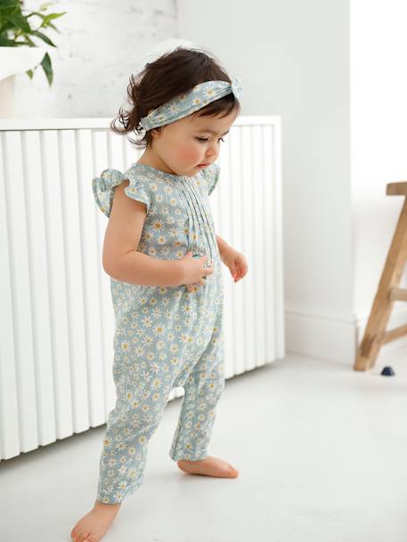 Ensemble bébé fille combinaison + bandeau imprimés rose imprimé+rose pâle+rose poudré+vert céladon imprimé - vertbaudet enfant 