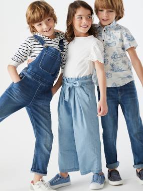 -Wide, Cropped Paperbag-Type Trousers in Lightweight Denim, for Girls