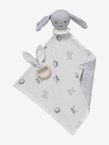 Square Baby Comforter, Jouy Story in Organic Cotton• with Wooden Ring Rattle Light Grey - vertbaudet enfant 
