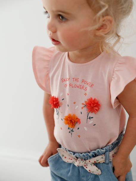 T-shirt bébé fleurs en relief rose grisé+vanille - vertbaudet enfant 