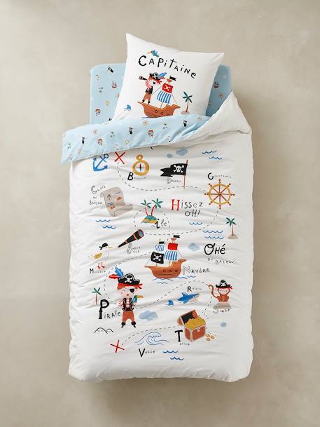 Parure housse de couette enfant et taie d'oreiller P COMME PIRATE écru / bleu - vertbaudet enfant 