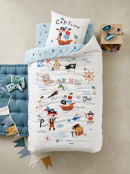 Parure housse de couette enfant et taie d'oreiller P COMME PIRATE écru / bleu - vertbaudet enfant 