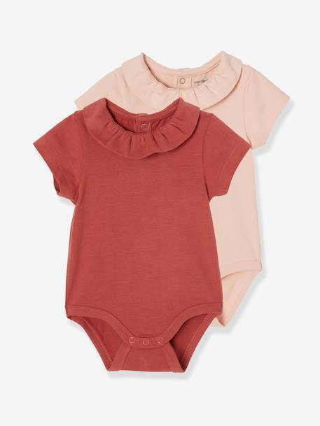 Pack of 2 Short-Sleeved Bodysuits with Fancy Collar, for Babies Blush Pink+White - vertbaudet enfant 