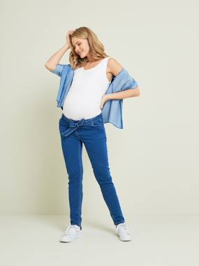 -Slim Leg Trousers in Denim-Effect Fleece, for Maternity