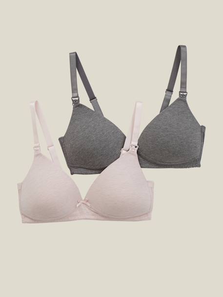 Pack of 2 Padded Bras in Stretch Cotton, Maternity & Nursing Special GREY DARK MIXED COLOR+WHITE LIGHT SOLID - vertbaudet enfant 
