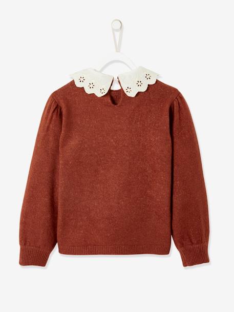 Jumper with Broderie Anglaise Collar for Girls Brown - vertbaudet enfant 
