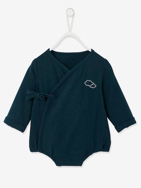 Unisex Bodysuit in Cotton Gauze for Newborn Babies Brown+Dark Blue - vertbaudet enfant 