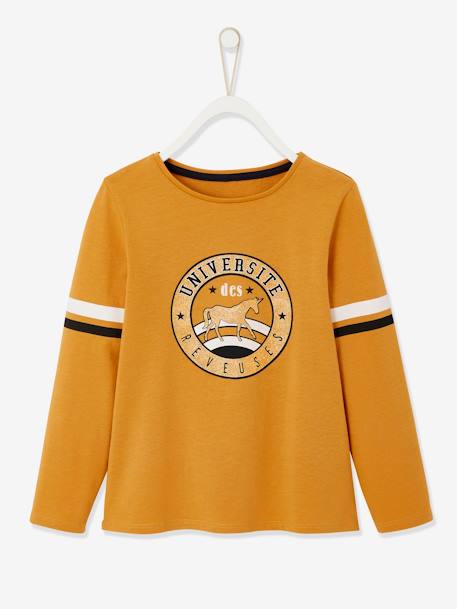 College-Style Top with Iridescent Details, in Organic Cotton, for Girls Light Brown - vertbaudet enfant 