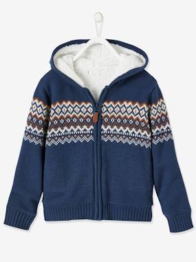 Boys-Cardigans, Jumpers & Sweatshirts-Cardigans-Cardigan in Jacquard Knit with Sherpa Lining for Boys