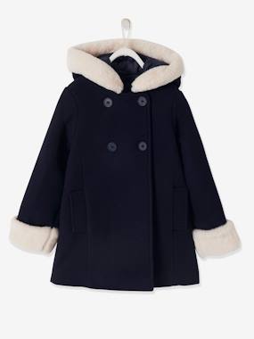 Girls-Hooded Woollen Jacket with Recycled Polyester Padding, for Girls