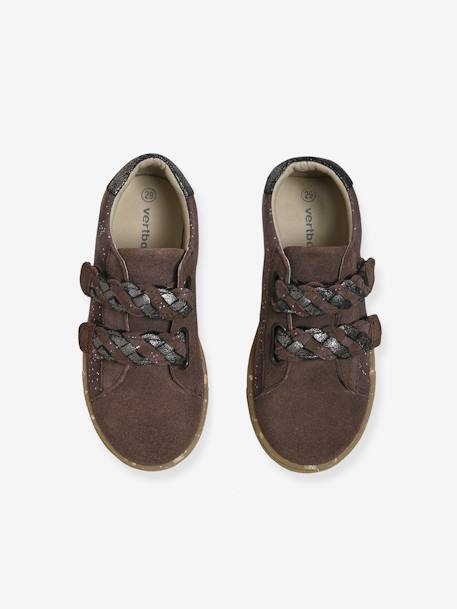 Touch-Fastening Leather Trainers for Girls, Designed for Autonomy Brown/Print - vertbaudet enfant 