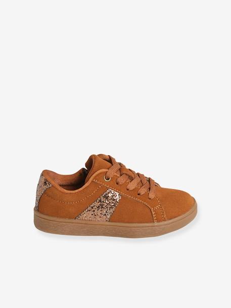 Leather Trainers with Laces & Zip, for Girls Brown+GREEN DARK SOLID WITH DESIGN - vertbaudet enfant 