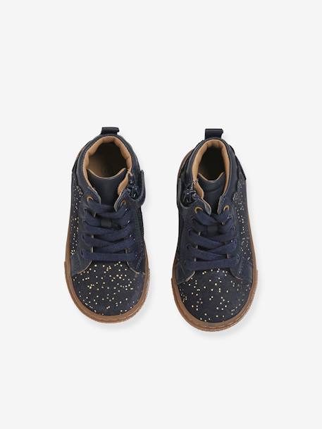 Leather High-Top Trainers with Laces, for Baby Girls Dark Blue - vertbaudet enfant 