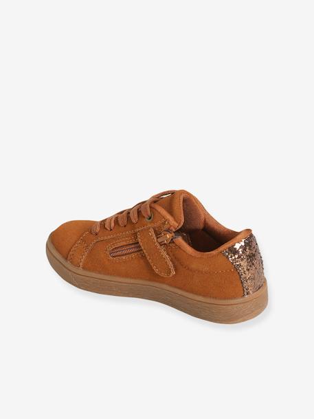 Leather Trainers with Laces & Zip, for Girls Brown+GREEN DARK SOLID WITH DESIGN - vertbaudet enfant 