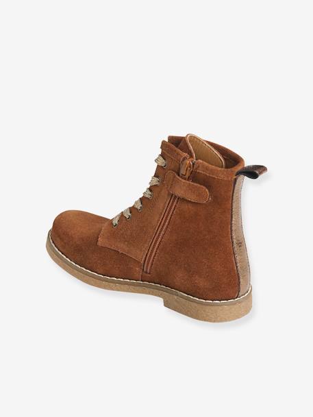 Leather Boots with Laces + Zip, for Girls BLUE DARK SOLID+Brown+Green - vertbaudet enfant 