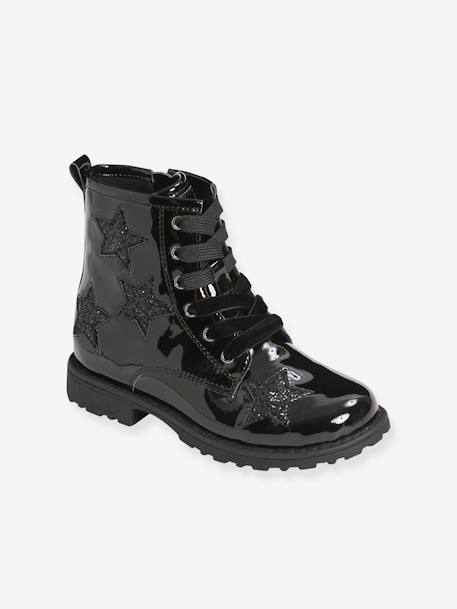 Lace-Up Ankle Boots for Girls Black+BROWN MEDIUM METALLIZED+PURPLE DARK ALL OVER PRINTED - vertbaudet enfant 