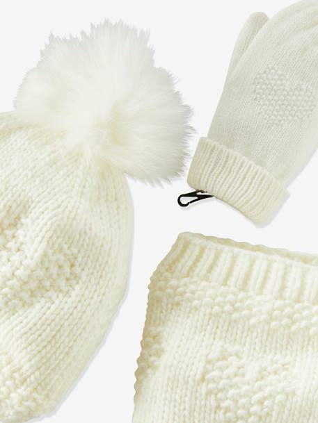 Hearts Beanie + Snood + Gloves Set for Girls, Oeko-Tex® Beige - vertbaudet enfant 